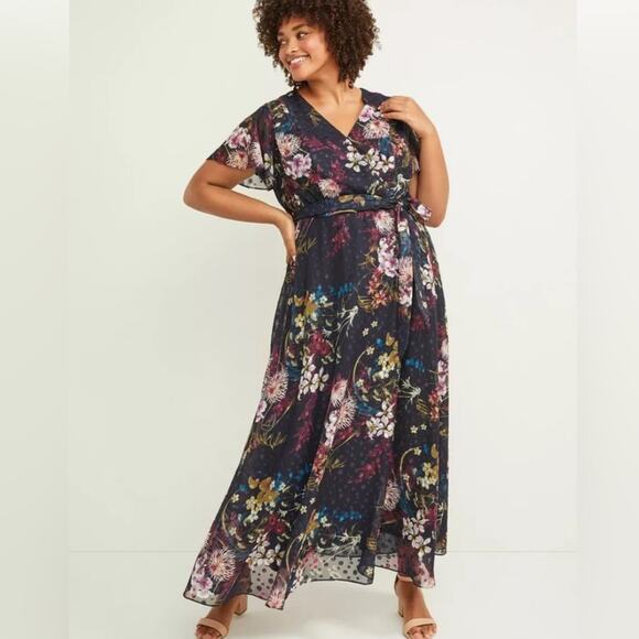 Lane Bryant Maxi Dress Womens Size 22 Navy Floral Chiffon Flutter Sleeve Belt 2X - Picture 1 of 9